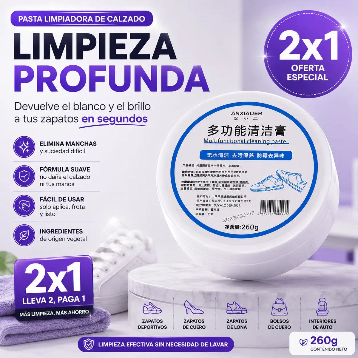 Pasta Limpiadora de tenis Crema 260g